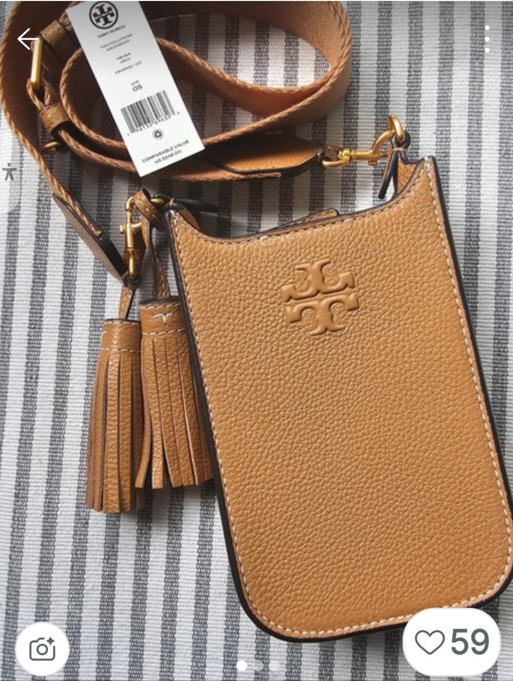 Tory Burch Thea Tan Pebbled Leather Crossbody Phone Pouch with Tassels